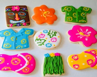 12 Luau Sugar Cookies | Hawaiian Party Cookies | Tropical Cookie Favor | Aloha Birthday Cookies | Hawaiian Baby Shower Cookies | Beach Party