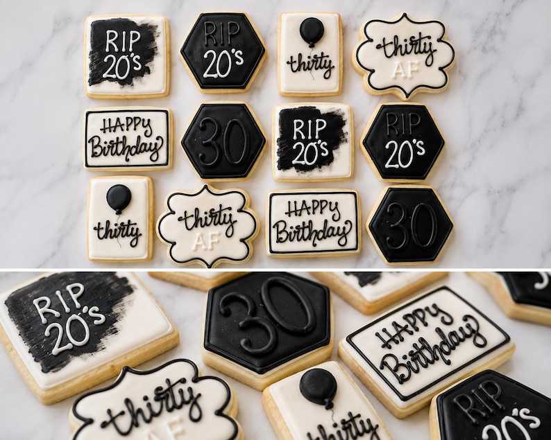 May include: A collection of twelve decorated sugar cookies featuring black and white icing. Designs include rectangular, hexagonal, and scalloped shapes with text such as RIP 20's, thirty AF, Happy Birthday, and the number 30, accented with balloon motifs.