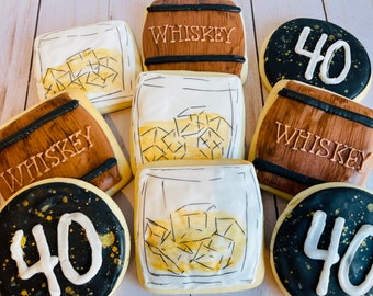 Whiskey Themed bIrthday Cookies  - decorated birthday cookies - 40th Birthday- milestone birthday- male birthday