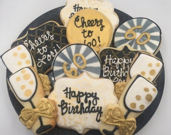 Black and Gold Birthday or Anniversary Sugar Cookies  - decorated birthday cookies - decorated anniversay cookies - milestone birthday