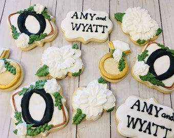 Wedding Cookies - blacK AND GOLD Wedding Cookies - Bridal Shower Favors - Wedding Cookie Favors - Bridal Shower Cookies -  Engagement Cookie