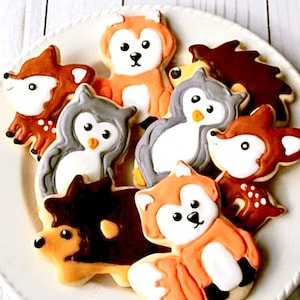 12 Woodland Cookies, fox cookies, woodland baby shower, woodland birthday, woodland animal cookies, deer cookie, owl cookie, hedgehog cookie
