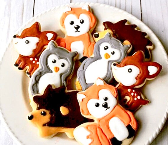 12 Woodland Cookies, fox cookies, woodland baby shower, woodland birthday, woodland animal cookies, deer cookie, owl cookie, hedgehog cookie