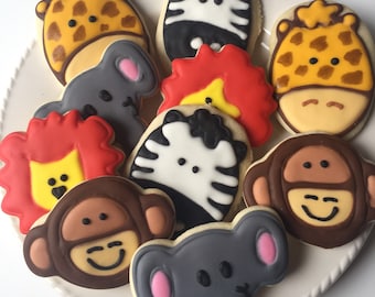 Zoo Animal Birthday Sugar Cookies - Safari Birthday Party - Safari Baby Shower Favors - Zoo Baby Shower - Decorated Sugar Cookies
