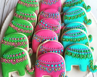 Elephant Cookies, sugar cookies, decorated cookies, elephant baby shower favor, Bollywood cookies