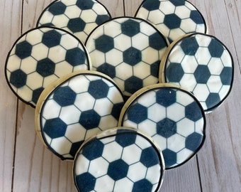 12 soccer Ball Cookies, Soccer Birthday Cookies, Soccer Party Favor, Decorated Sugar Cookies, Team Party Treats, Personalized Soccer Cookie