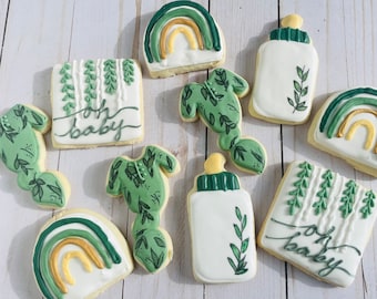 Greenery  Baby Shower Sugar Cookies, gender neutral baby shower, gold baby shower, Floral baby shower, baby shower favor, boho baby shower