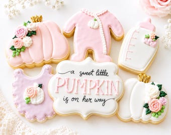 12 Pink Pumpkin Baby Shower Cookies | A Sweet Little Pumpkin Is On Her Way | Fall Baby Shower Cookies | Girl Baby Shower Favors