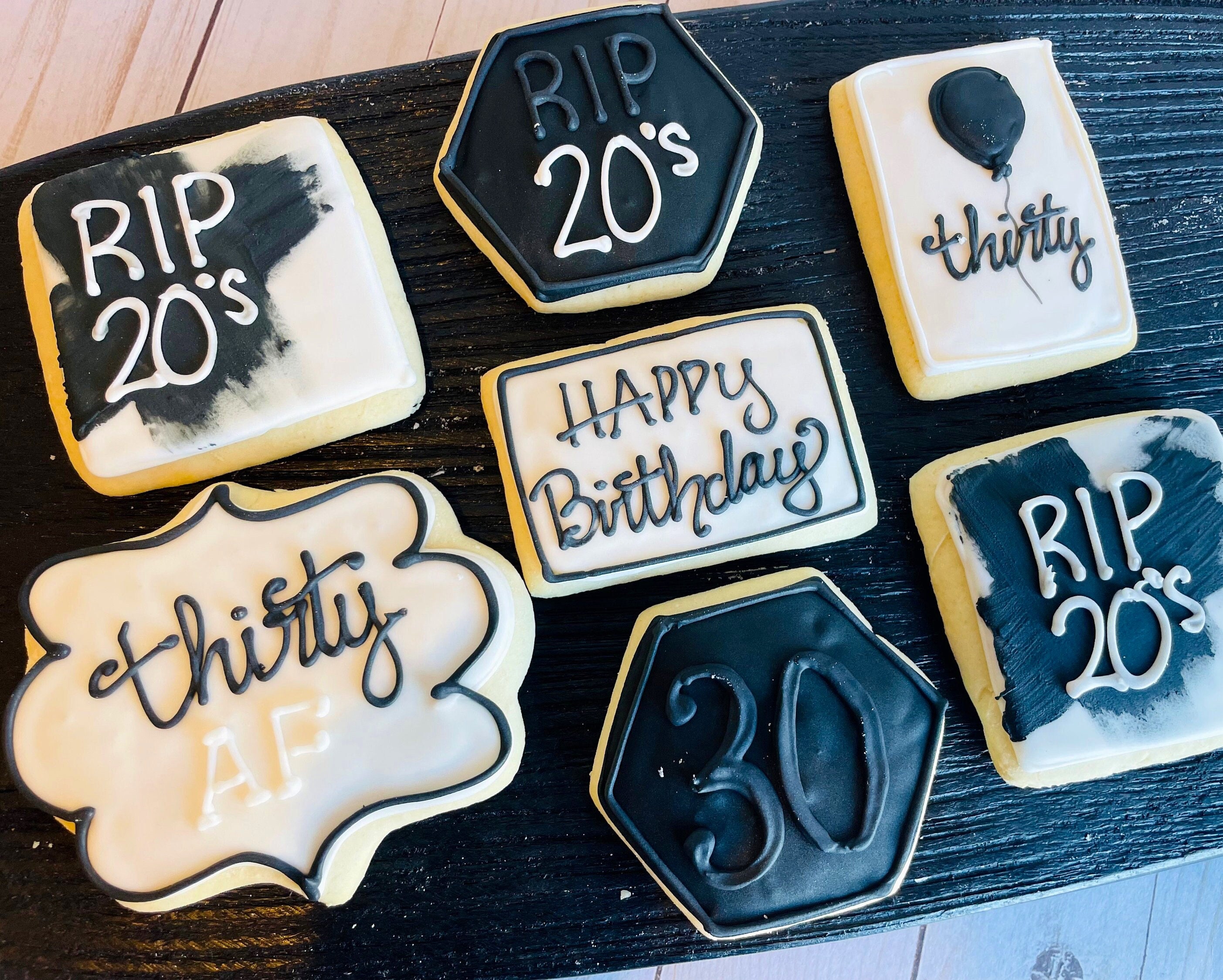 12 RIP to 20's Cookies  - decorated birthday cookies - death to my 20s - milestone birthday- RIP 20s - 30th Birthday Cookies