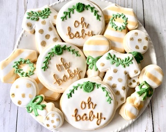 Greenery  Baby Shower Sugar Cookies, gender neutral baby shower, gold baby shower, Floral baby shower, baby shower favor, baby shower cookie