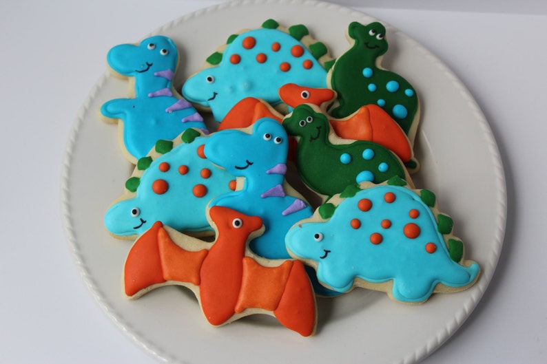 Dinosaur Cookies, sugar cookies, dinosaur party, decorated cookies, dinosaur birthday, dinosaur favors image 1