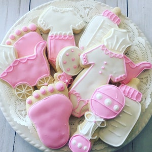 12 Baby Girl Sugar Cookies - pink and white baby shower cookies