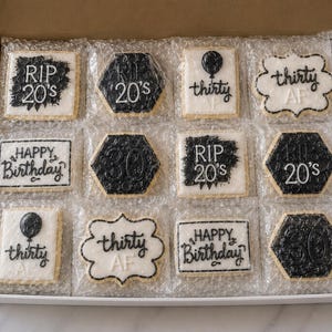RIP My 20s Cookies – 1 Dozen (12 Cookies) – Death to My 20s 30th Birthday Cookies – Black & White Birthday Favors image 7