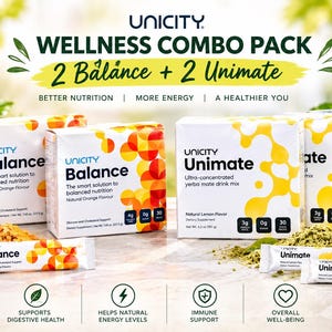 May include: Unicity Wellness Combo Pack featuring two Balance boxes and two Unimate boxes with individual stick packs. The white packaging displays orange and yellow circular graphics, product names, and text including Natural Orange and Lemon Flavour.