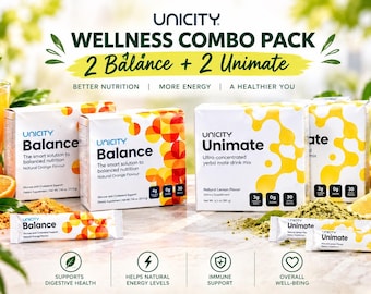 Confezione da 4 bustine monodose di Unicity Balance Arancia e Unicity Unimate Limone, 30 bustine monodose da 217,5 g, integratore alimentare.