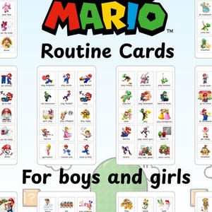 May include: A set of "Super Mario" routine cards for boys and girls. The cards feature colorful illustrations of Mario characters performing daily activities like brushing teeth, playing sports, and eating dinner. The "Super Mario" logo is at the top.