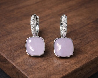 925 Sterling Silber Ohrringe mit Rosenquarz Edelstein | Zarte Edelstein Creolen | Silberschmuck | Edelsteinschmuck | Hochzeitsschmuck