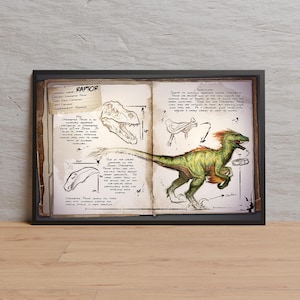 Może przedstawiać: Oprawiona grafika przedstawiająca szczegółową ilustrację welociraptora na stronie notatnika w stylu vintage. Grafika zawiera szkice czaszki dinozaura i inne szczegóły anatomiczne, z odręcznymi notatkami i tytułem "RAPTOR".
