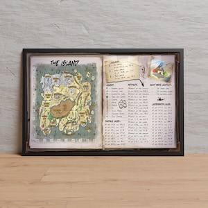 May include: Framed artwork featuring a detailed map titled "THE ISLAND." The map is hand-drawn with a vintage aesthetic, showcasing various locations and legends. Additional text includes artifact locations and underwater layers. The frame is black.