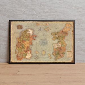 May include: A framed map of Azeroth, featuring detailed illustrations of continents and islands in shades of brown, green, and tan. The map includes the text "Azeroth" at the top and is set against a neutral background.