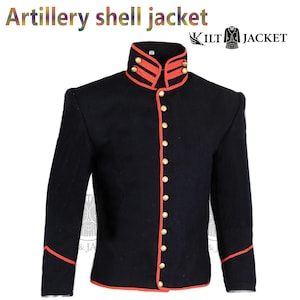 May include: A black Artillery shell jacket with red trim and gold buttons. The jacket has a high collar and is labeled "Kilt Jacket" with the text "Artillery shell jacket" at the top.