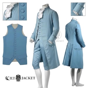 May include: A light blue, three-piece historical costume. The outfit includes a long coat, vest, and knee-length breeches. The coat features a row of buttons and a ruffled collar. The vest has a button-down front. The costume is displayed on a mannequin.
