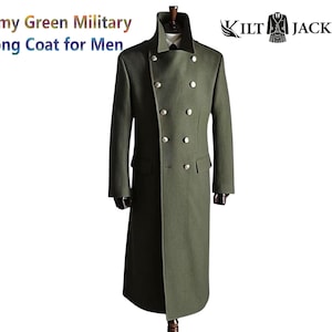 Army Green Wool Military Coat for Men – Long Winter Overcoat – Warm Outdoor Trench Jacket