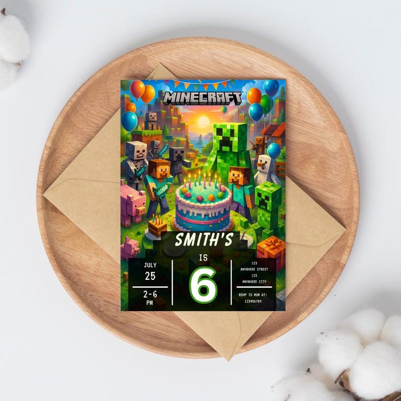 May include: A Minecraft-themed birthday invitation featuring a colorful scene with characters, a birthday cake, and balloons. The invitation includes the text "SMITH'S IS 6" and event details. The invitation is placed on a wooden plate with a brown envelope.