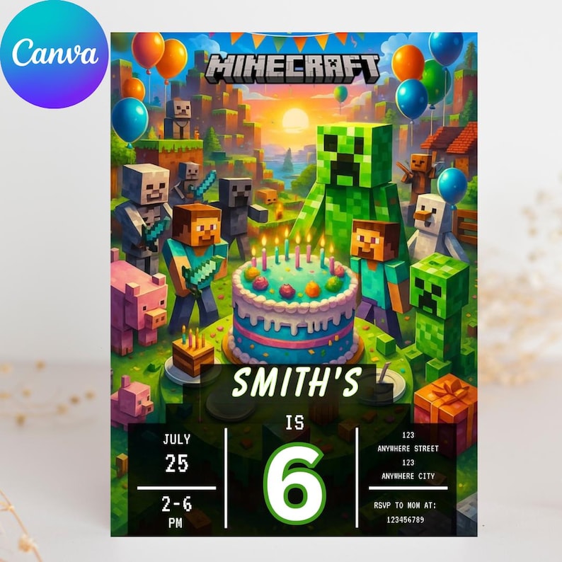May include: A Minecraft-themed birthday invitation featuring various game characters, a birthday cake with lit candles, and balloons. The invitation includes the text "Minecraft", "Smith's is 6", date, time, and RSVP information.