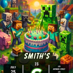 Könnte beinhalten: Eine Minecraft-Geburtstagseinladung mit Charakteren, Luftballons und einer Geburtstagstorte. Die Einladung enthält den Text "Minecraft", "Smith wird 6", Datum, Uhrzeit und RSVP-Informationen.