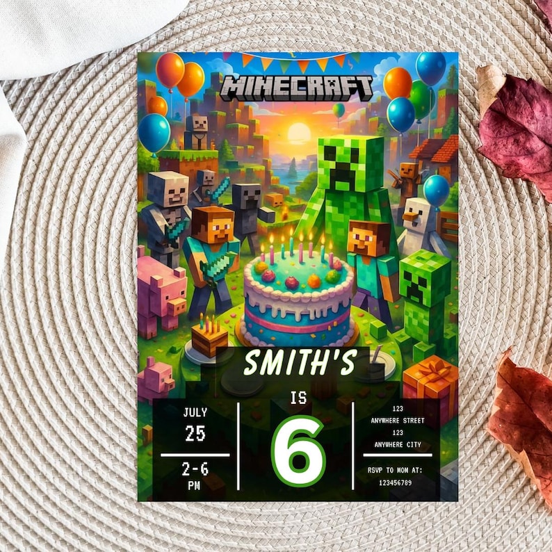 May include: A Minecraft-themed birthday invitation featuring a vibrant illustration of characters and a birthday cake. The invitation includes the text "Minecraft", "Smith's is 6", date, time, and RSVP information. Balloons and a Minecraft landscape complete the design.