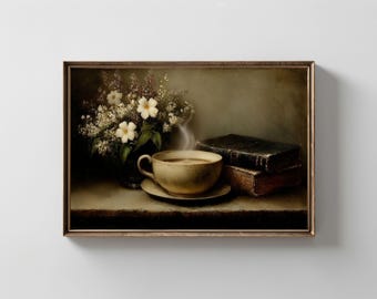 Floral Coffee Cup and Books Print: Vintage Country Kitchen Wall Art (Digital Download)