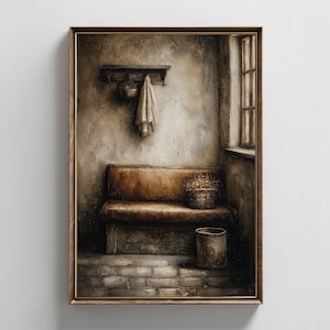 May include: A framed painting depicts a rustic interior scene. A brown bench with a basket of flowers sits beneath a hanging rack with a towel. A small window and a metal bucket complete the scene, all in muted tones.