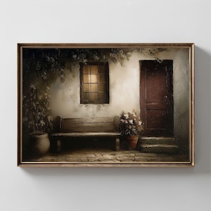 May include: A framed painting depicts a serene outdoor scene. A wooden bench sits beneath a window with a warm glow, next to a dark wooden door. Potted plants and climbing vines add to the rustic charm. The artwork is framed in a gold-toned border.