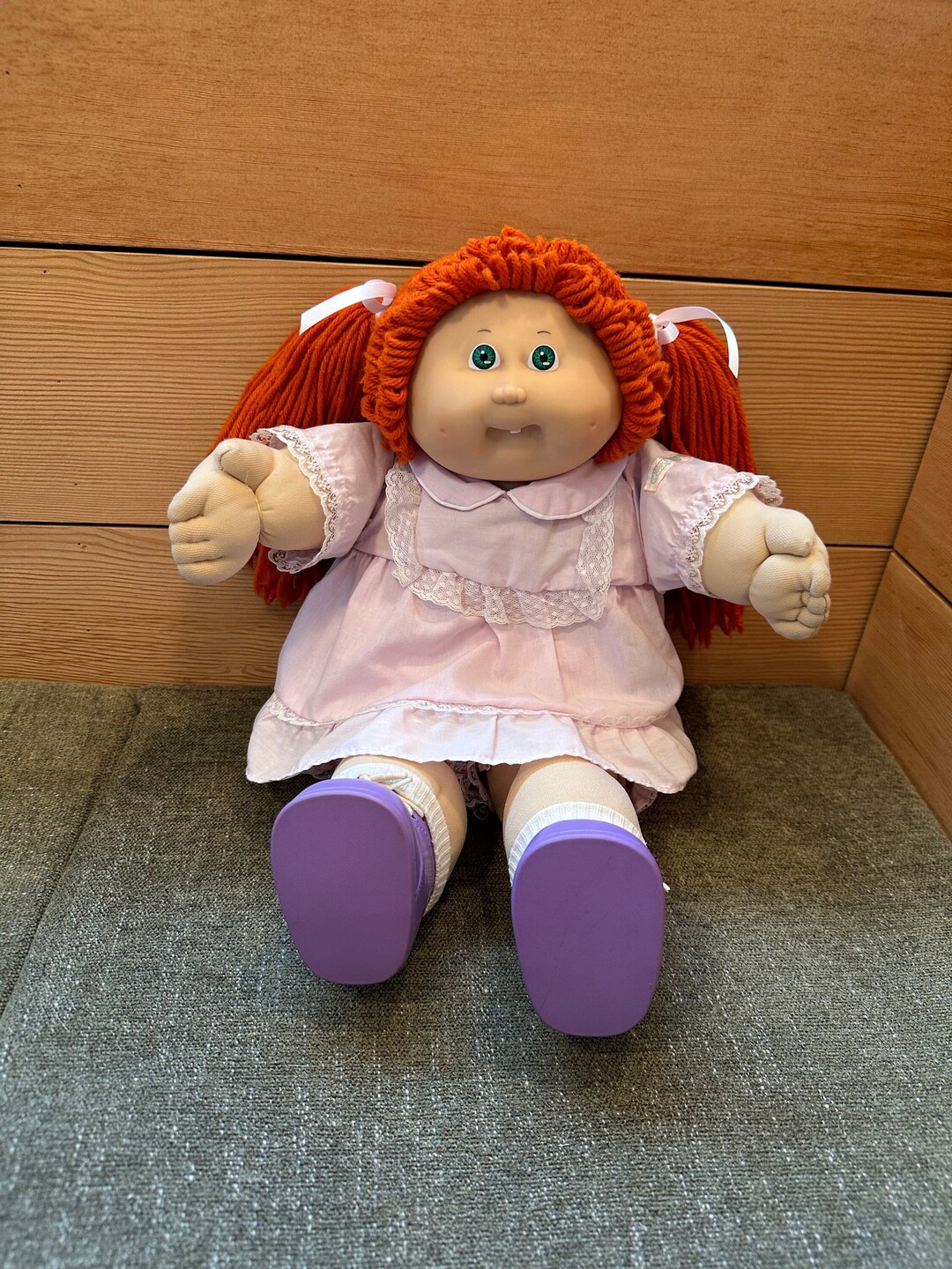 1985 Cabbage Patch Kids Red Pigtail Hair Green Eye One Tooth Girl Doll