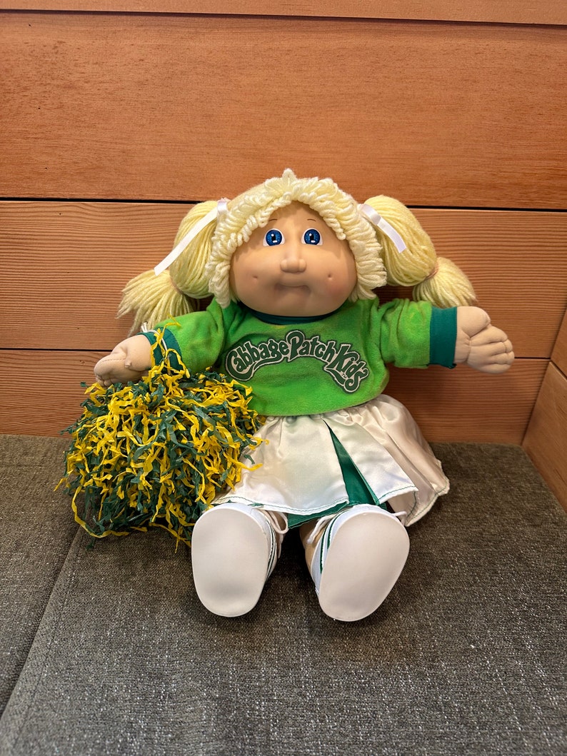 1985 Cabbage Patch Kids Lemon Blond Pigtail Hair Blue Eye Cheerleader Outfit Girl Doll Good Condition Minor Flaws Coleco image 1