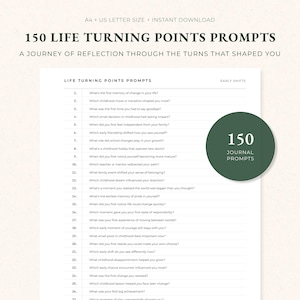 May include: A digital download featuring 150 life turning points prompts. The prompts are listed on a white background with a green circle containing the number 150. The text includes questions about reflection and self-discovery.