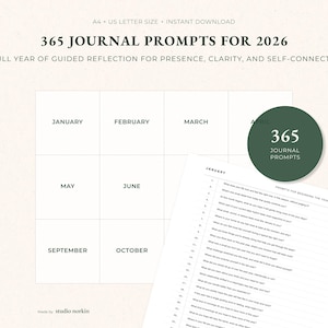 May include: A digital download featuring a journal prompt guide for 2026. The design includes a grid with months and a circular graphic with the text "365 Journal Prompts". A sample page with prompts is also visible.
