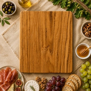 Pode incluir: Uma tábua de corte retangular de madeira com um padrão de grão natural proeminente, posicionada centralmente. A tábua está rodeada por vários alimentos, incluindo uvas verdes, pão fatiado, nozes, uma pequena tigela de mel, azeitonas e carnes curadas.