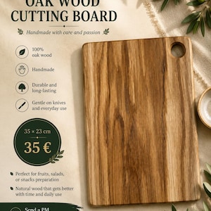 Può includere: Un tagliere rettangolare in legno di quercia con venature naturali e un foro circolare nell'angolo in alto a destra. Il tagliere è presentato insieme a un testo che recita OAK WOOD CUTTING BOARD e dimensioni di 35 x 23 cm.