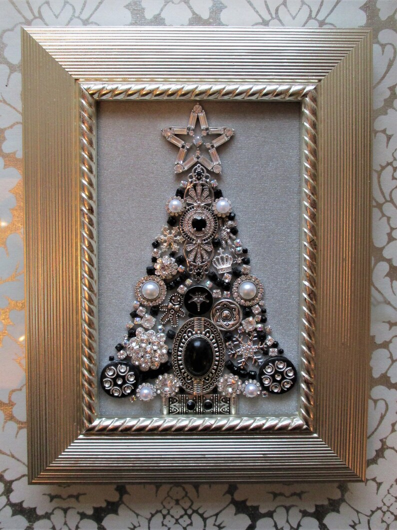 Jeweled Framed Jewelry Art Christmas Tree Gray Silver Black Etsy