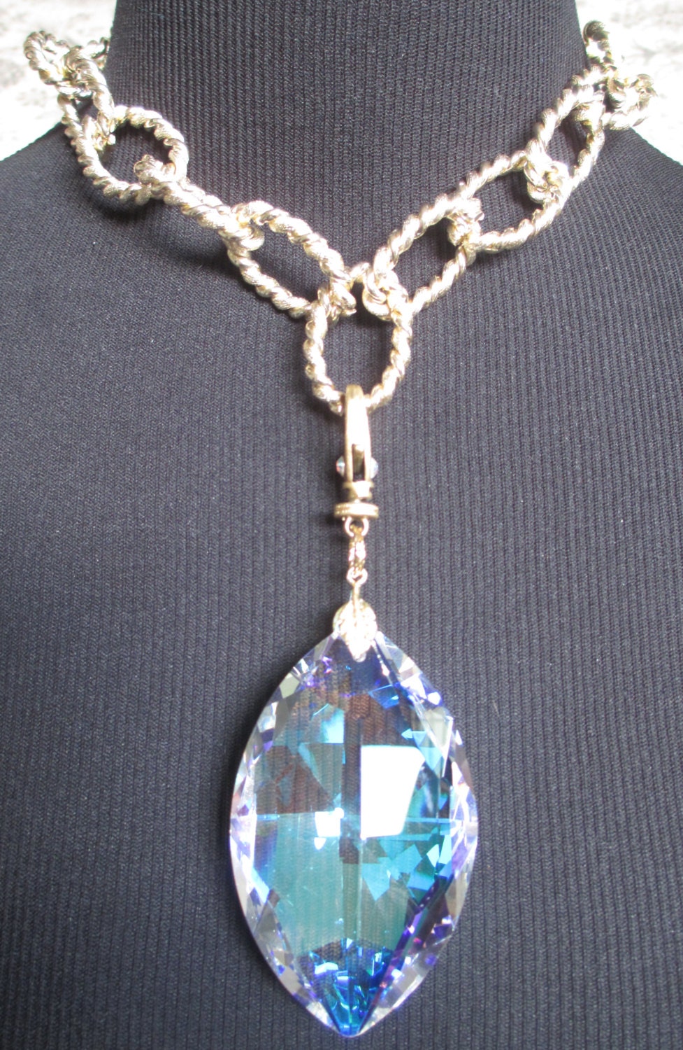 Large Statement Crystal Prism Necklace Gold Tone Chunky Chain Etsy