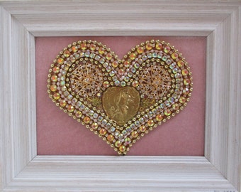 Jeweled Framed Jewelry Art Heart Valentine Pink Gold Rhinestone Beaded Detailed Fabulous Gift