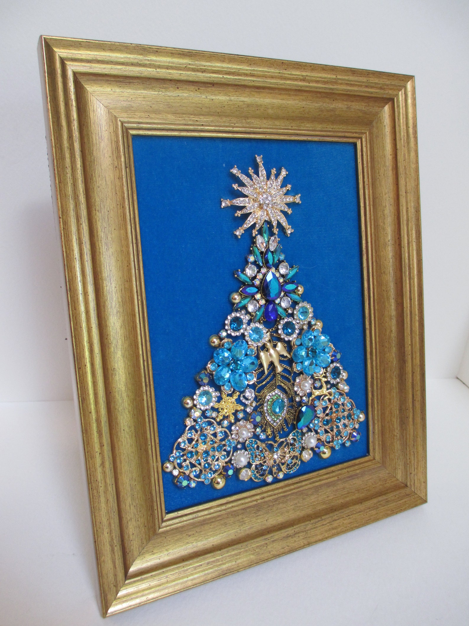 Jeweled Framed Jewelry Art Christmas Tree Turquoise Blue Gold Etsy