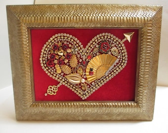Jeweled umrahmt Schmuck Kunst Valentine Herz Rot Gold Vintage Detaillierte Strass Floral Fabelhaftes Geschenk