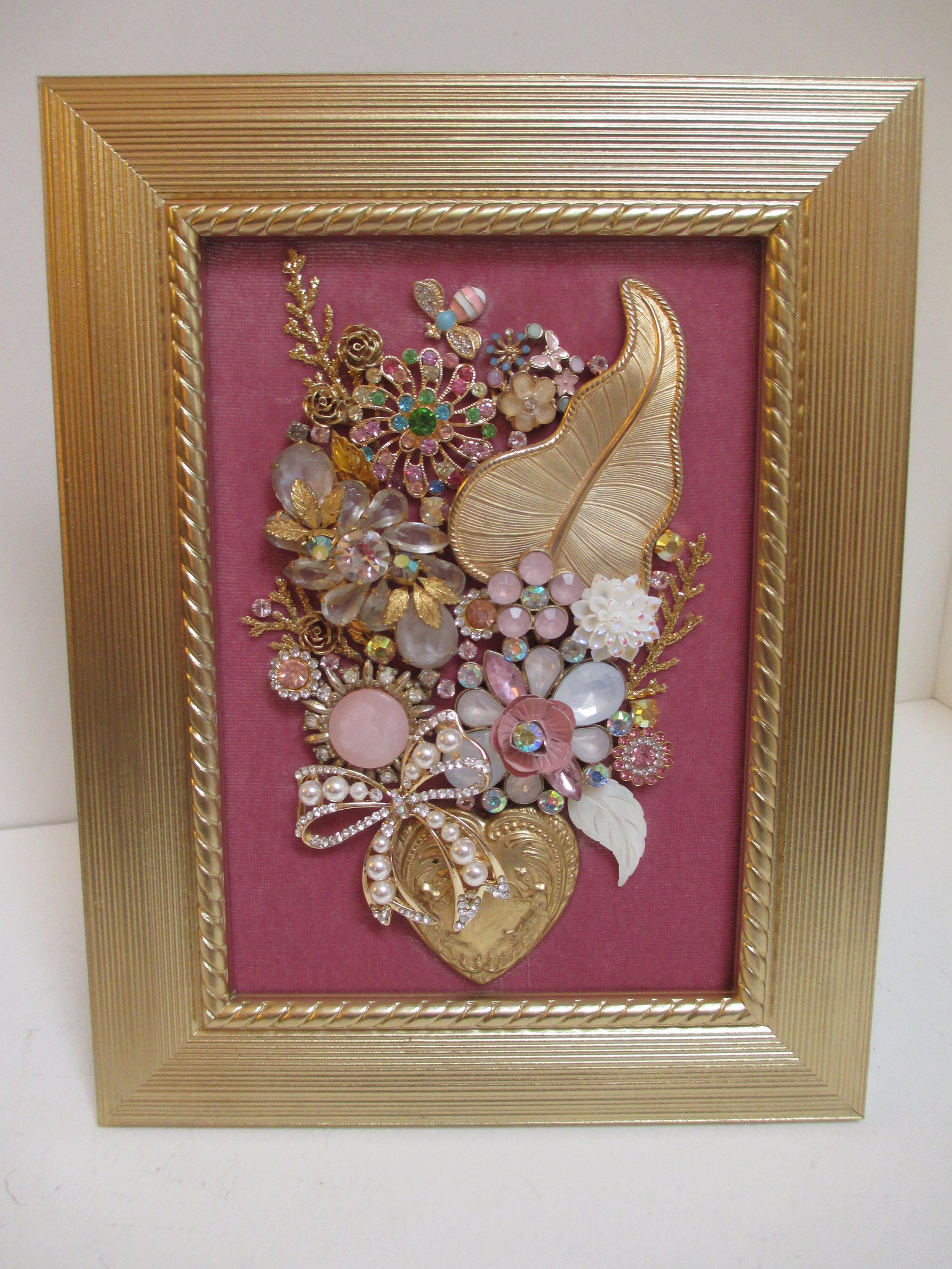Jeweled Framed Jewelry Art Flower Bouquet Heart Pink Gold Etsy