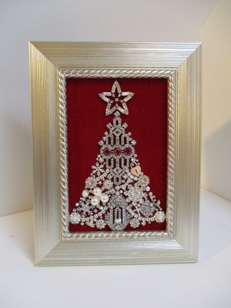 Jeweled Framed Jewelry Art Christmas Tree Red Silver Deco Etsy