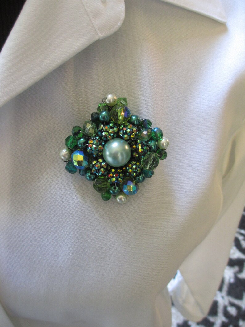 Statement Brooch Handmade Emerald Green Beaded Fabulous Etsy