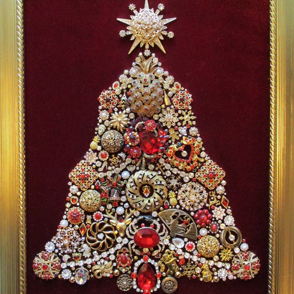 Jeweled Framed Jewelry Art Christmas Tree Cranberry Red Gold Vintage Rhinestone Detailed Fabulous Heirloom Gift
