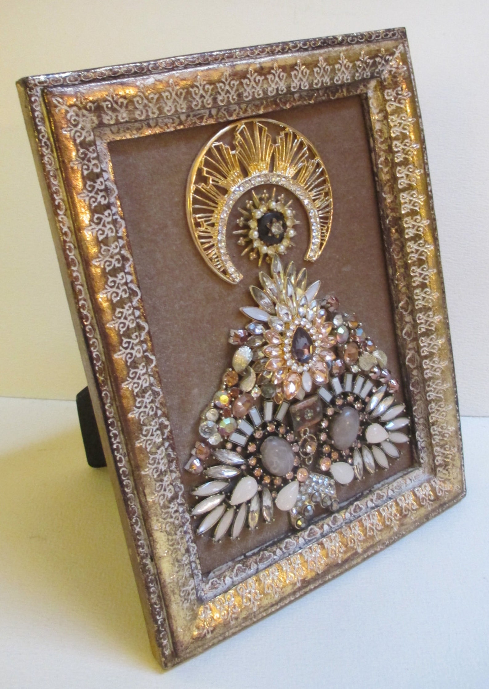 Jeweled Framed Jewelry Art Christmas Tree Art Deco Beige Gold Etsy